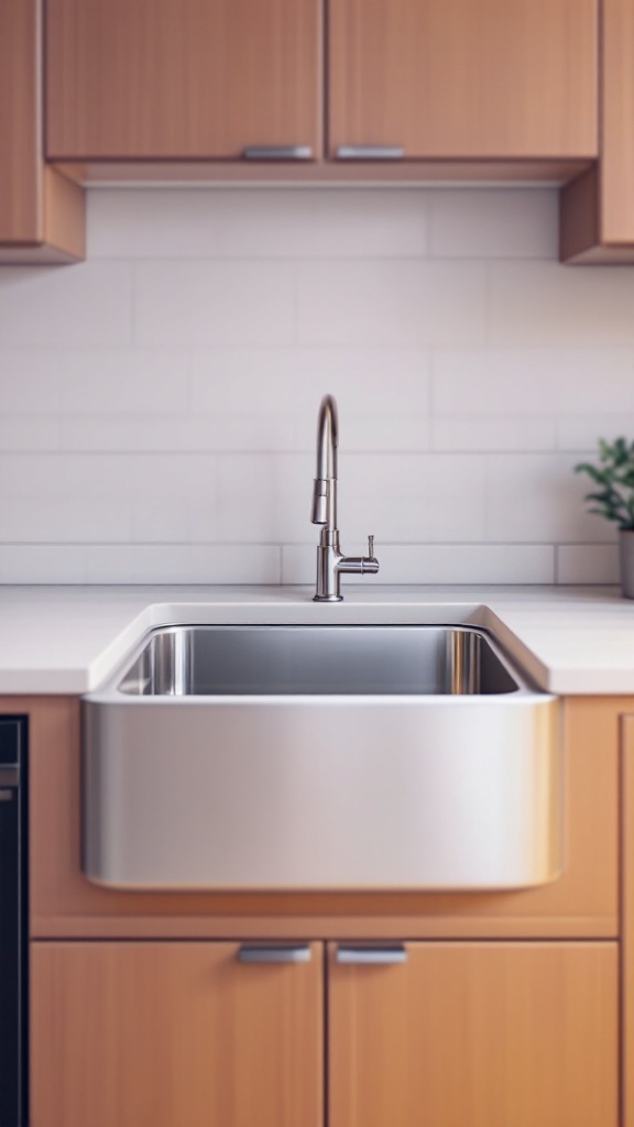 A modern drop-in kitchen sink with a stainless steel finish and wooden cabinets.