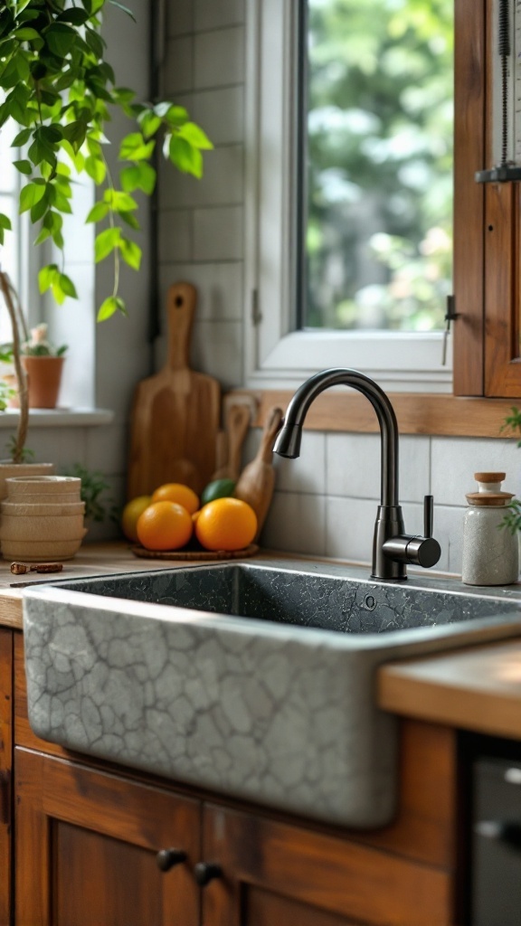 A stylish kitchen sink made of natural stone, surrounded by wood cabinets and plants.