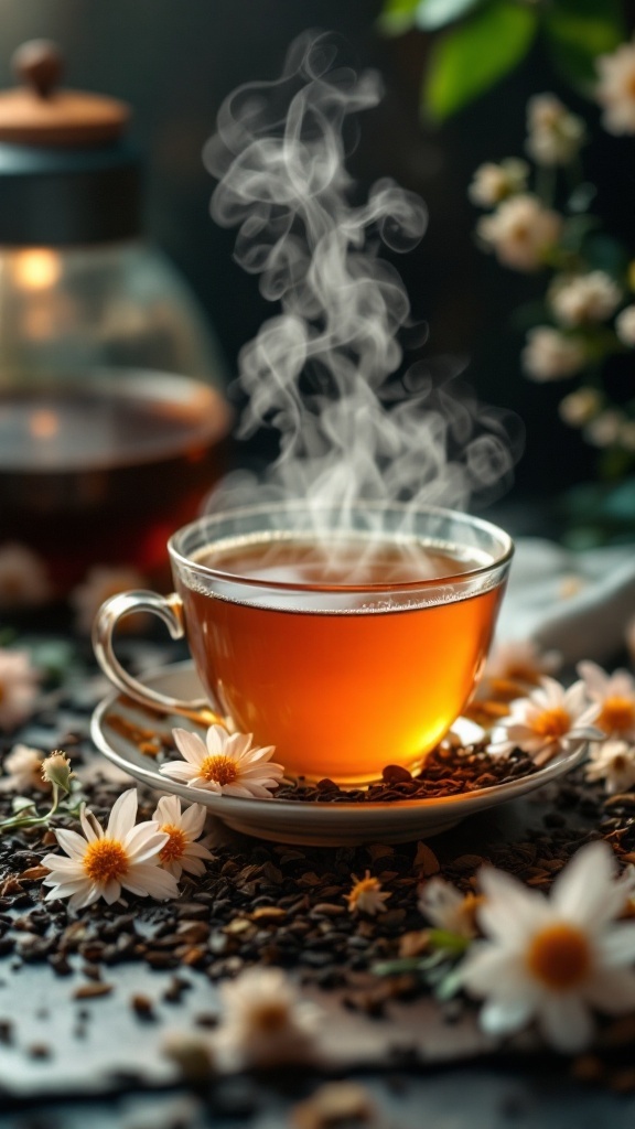 A steaming cup of herbal tea with flowers and tea leaves around it