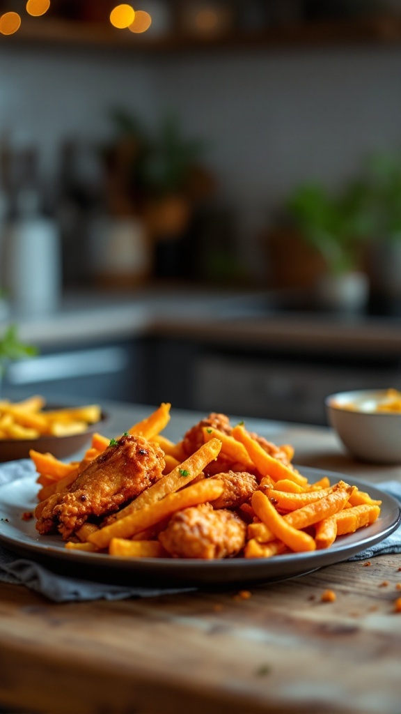 A plate of crispy sweet potato fries and spicy chicken wings, showcasing delicious air fryer snacks.