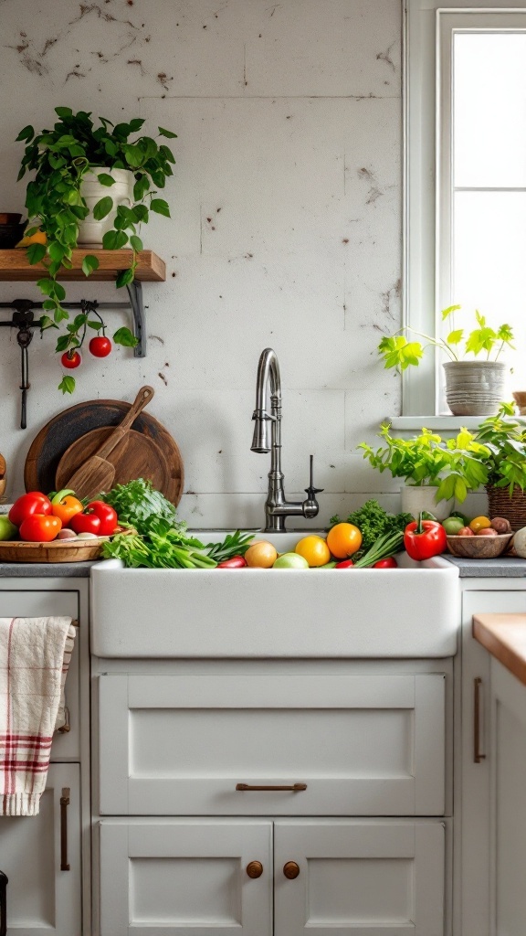 A farmhouse style kitchen sink surrounded by fresh vegetables and plants, with wooden shelves and rustic decor.