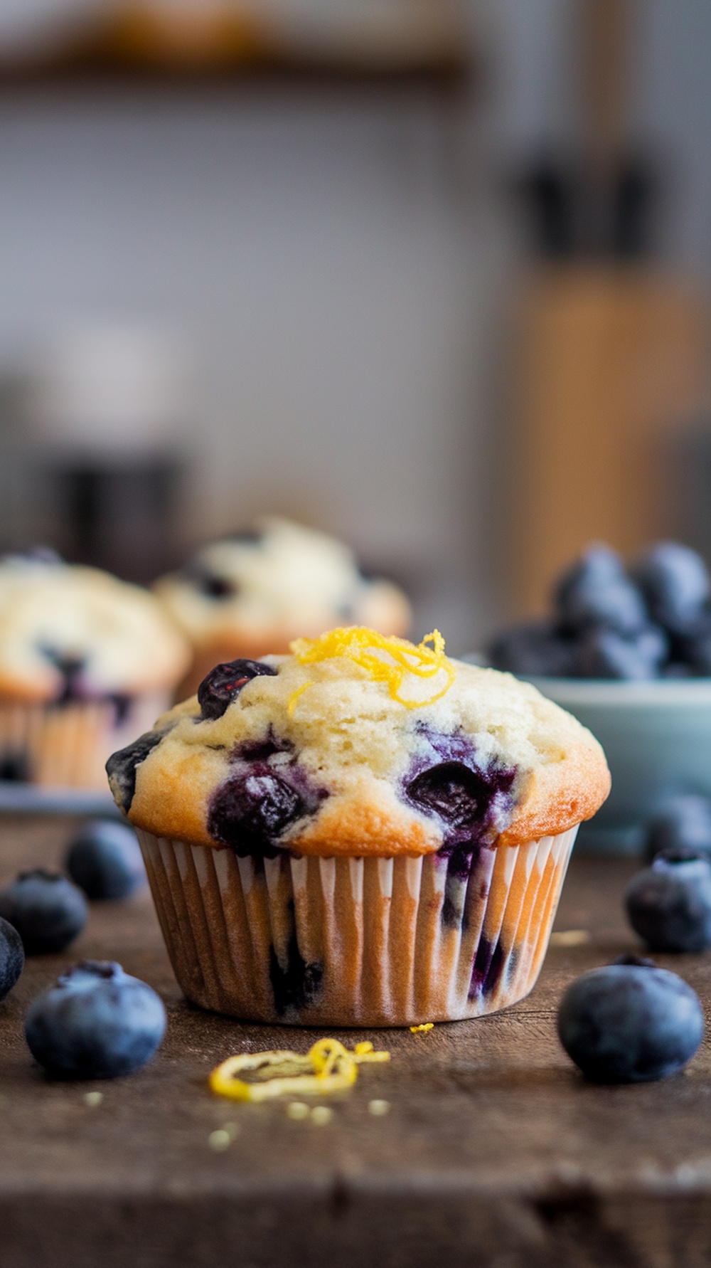 Delicious fresh blueberry muffins topped with lemon zest.
