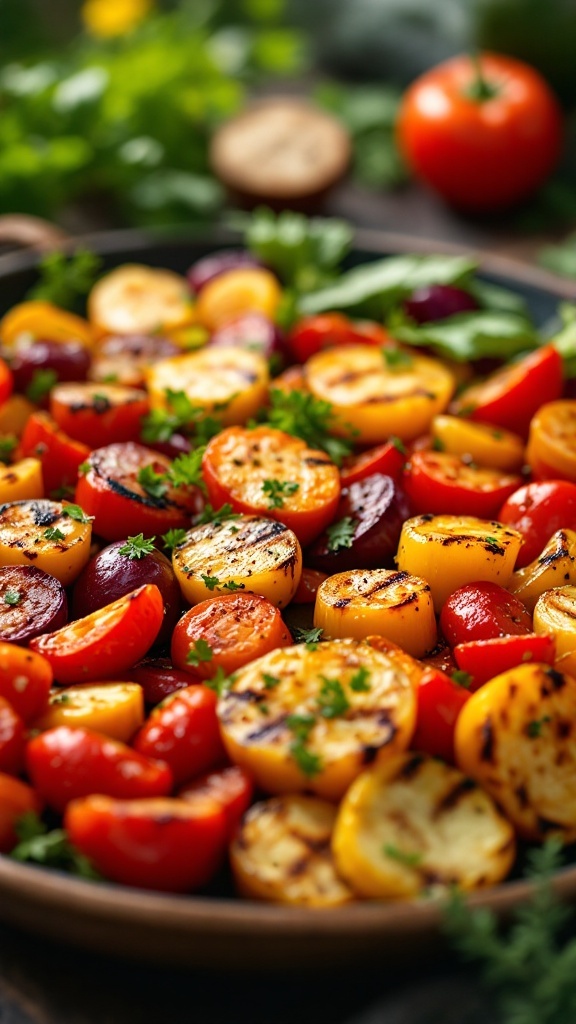 A colorful platter of grilled vegetables including zucchini, bell peppers, onions, and cherry tomatoes, garnished with herbs.