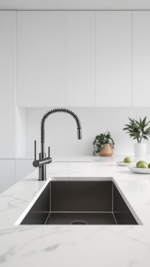 A modern kitchen with an integrated sink and marble countertop featuring a black faucet.