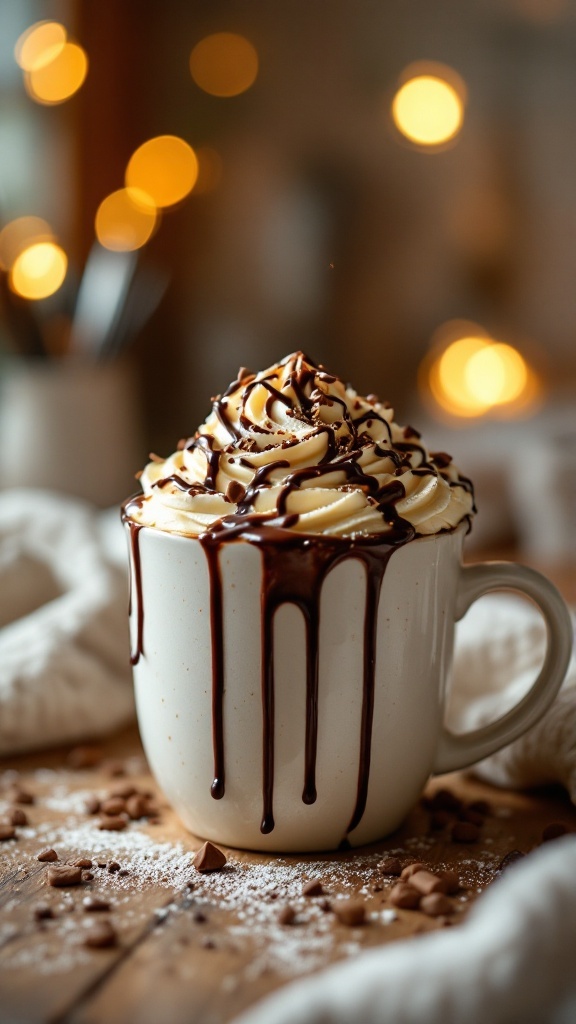 A deliciously topped mug cake with whipped cream and chocolate drizzle