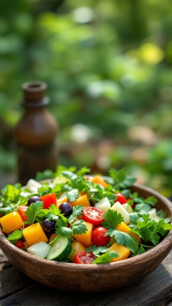A colorful no-cook summer salad with various fresh ingredients.