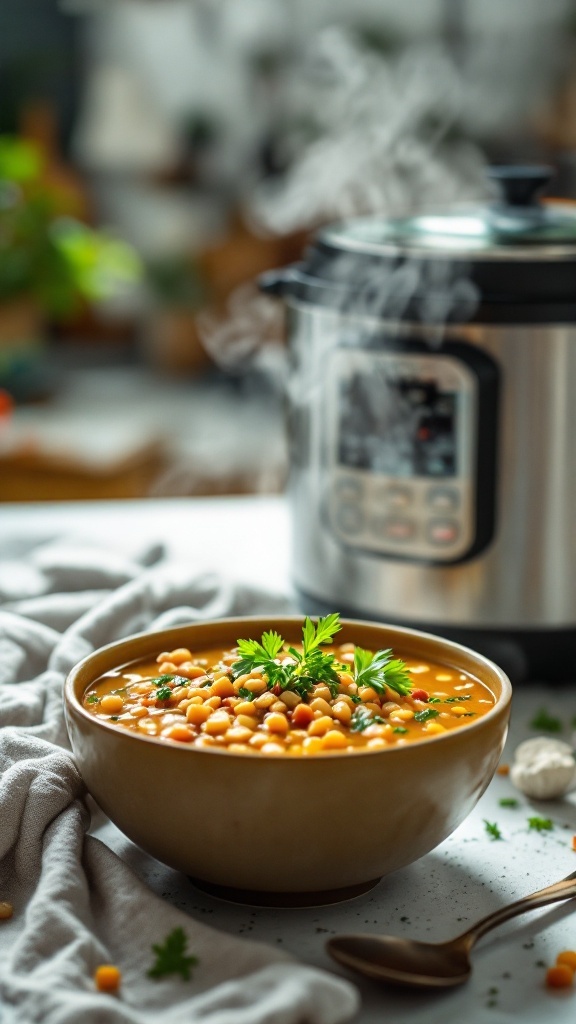 A bowl of lentil soup garnished with herbs, next to a pressure cooker.