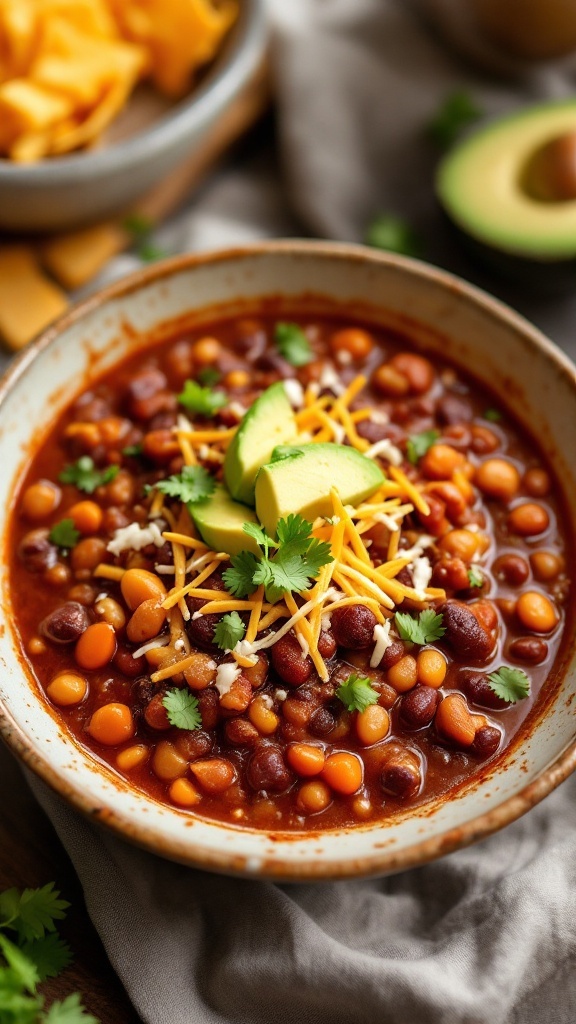 A bowl of slow cooker chili topped with avocado, cheese, and cilantro.