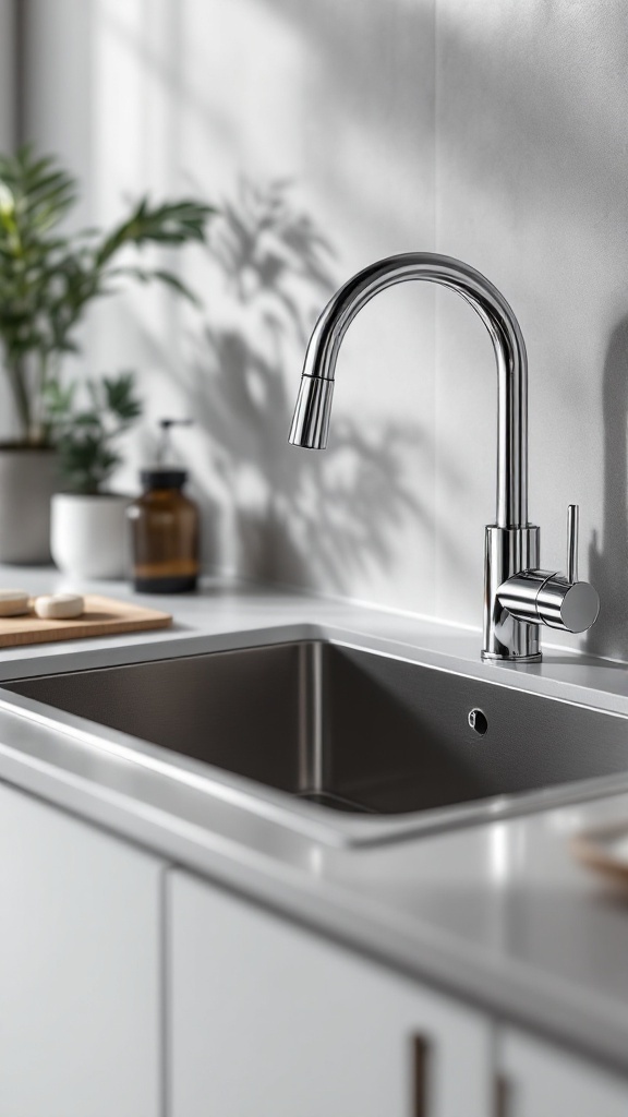 A close-up view of a modern stainless steel kitchen sink with a sleek faucet, surrounded by plants and a neutral-colored kitchen setting.