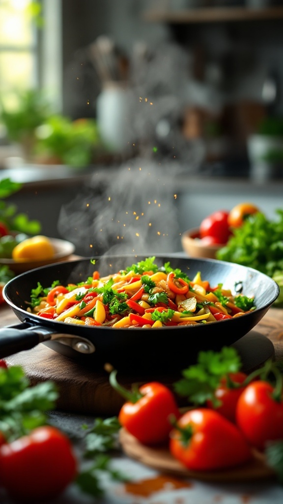 A vibrant vegetable stir-fry showcasing colorful peppers, broccoli, and snap peas in a skillet.