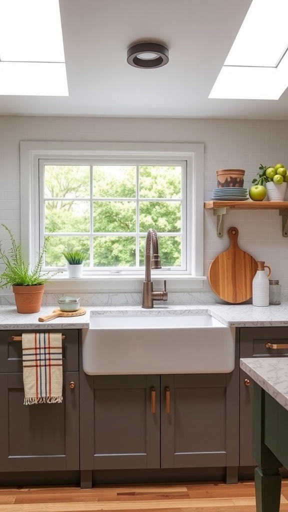 Stylish vessel sink on a wooden vanity with round mirror and pendant lights