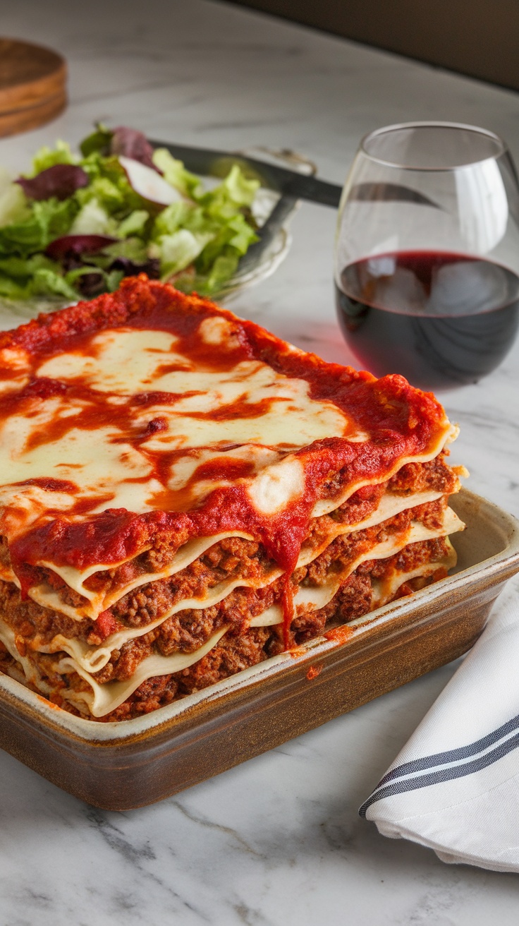 Classic Italian Lasagna Recipe A golden-brown lasagna with layers of pasta, meat sauce, and cheese, garnished with basil, on a rustic table with a side salad and wine.