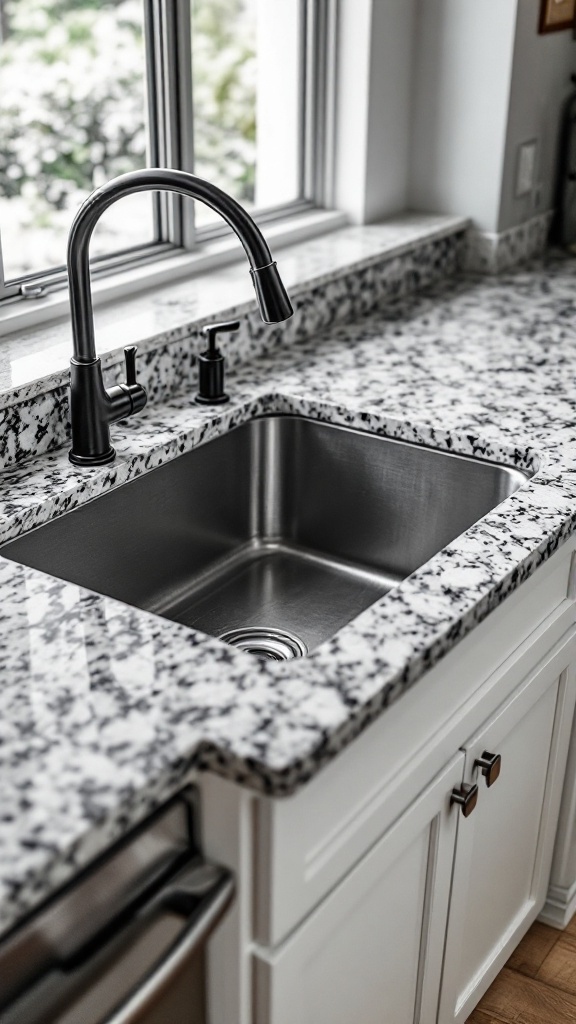 A modern undermount kitchen sink with a sleek black faucet and speckled granite countertop.