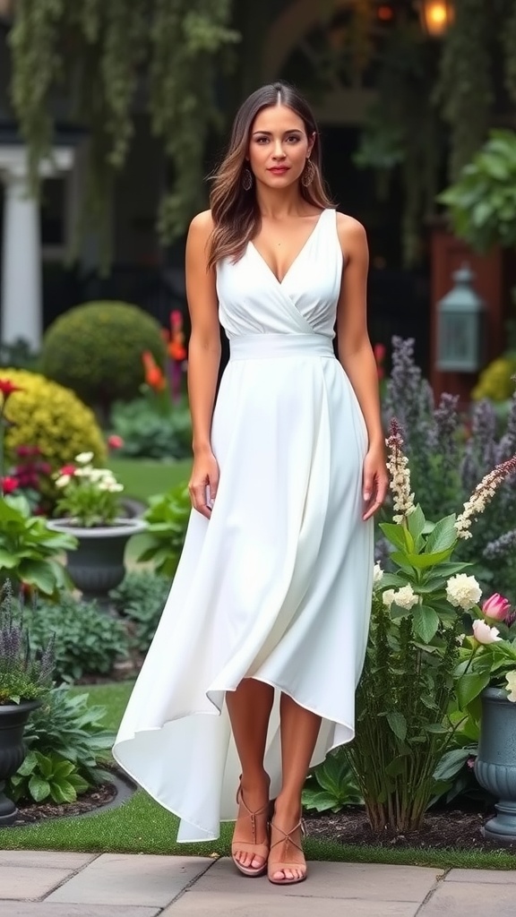 A woman wearing a white A-line dress standing in a garden.