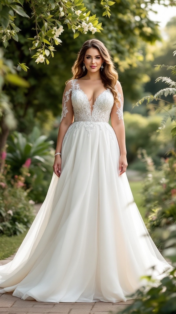 A beautiful plus size wedding dress with an A-line silhouette, featuring lace details and a flowing skirt, perfect for curvy brides.