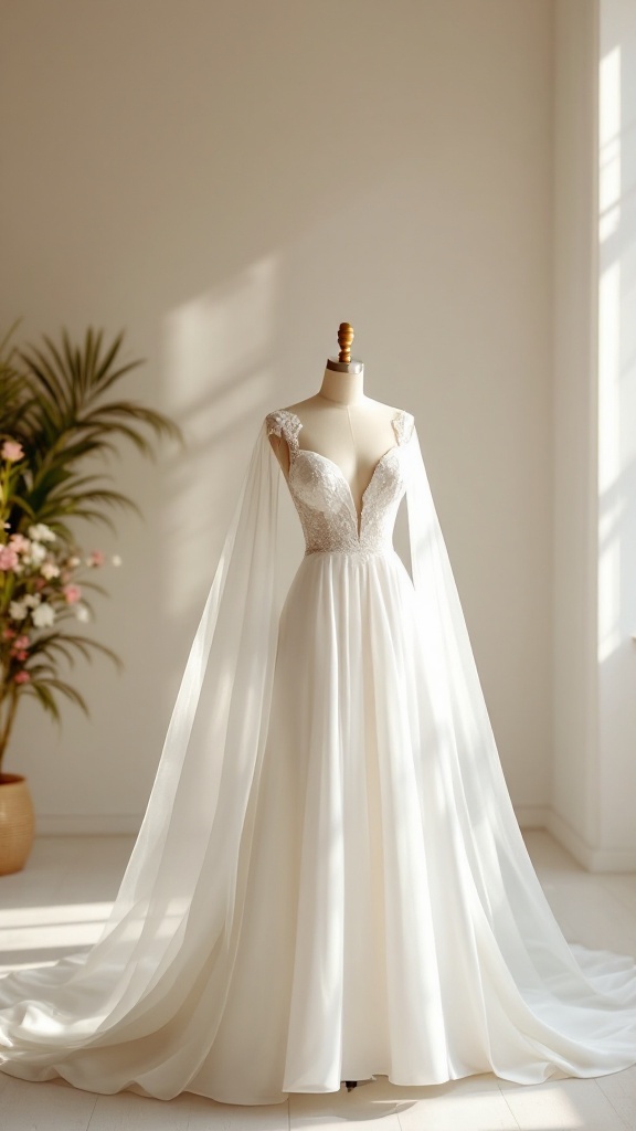 A-line wedding dress on a mannequin with lace details and flowing fabric