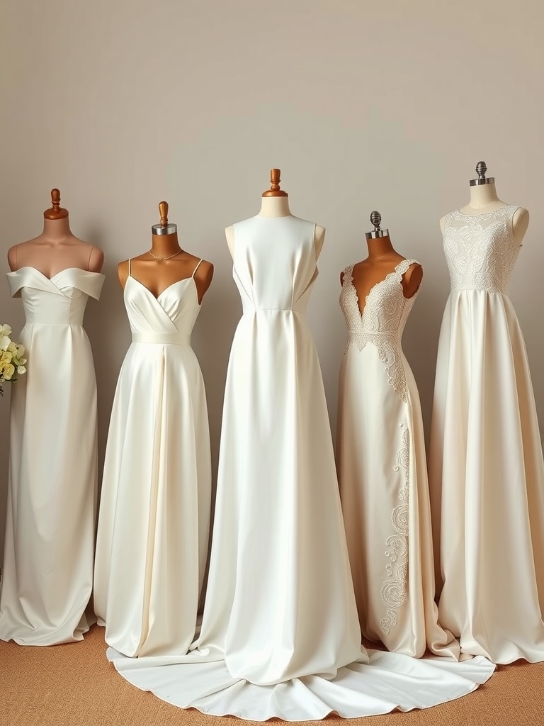 A collection of A-line wedding dresses displayed on mannequins, showcasing different styles and designs.
