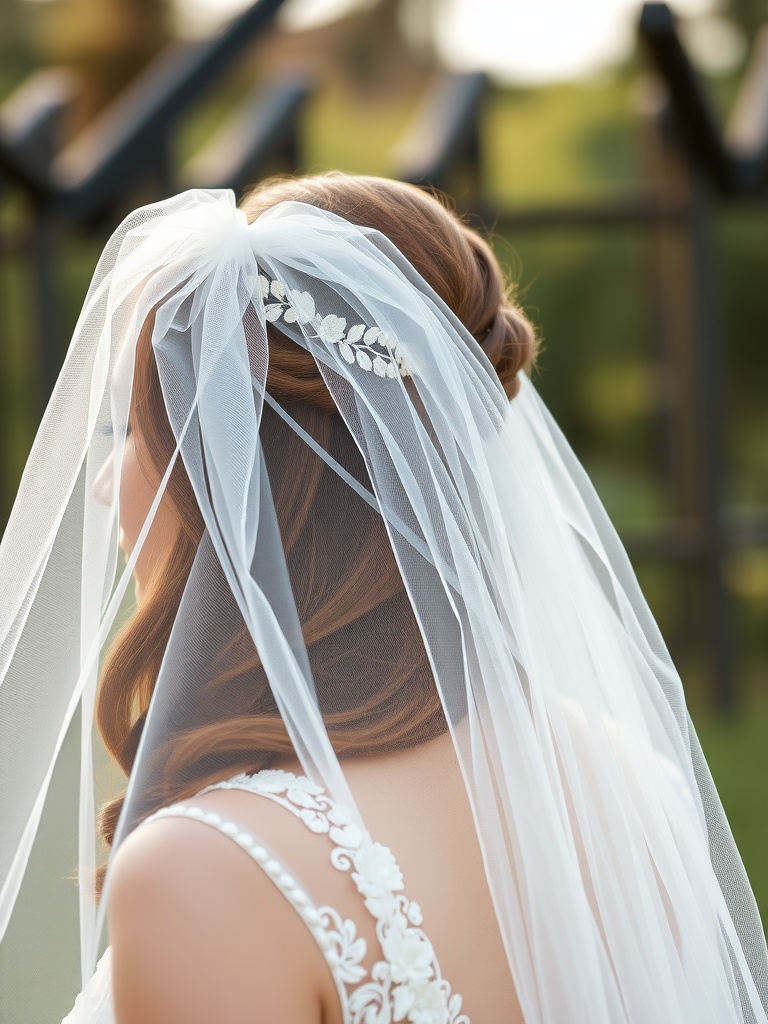 A bridal hairstyle featuring a sheer veil and delicate hair comb with floral elements.