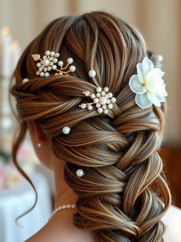 A beautiful braided hairstyle adorned with bridal hair pins and a flower clip.