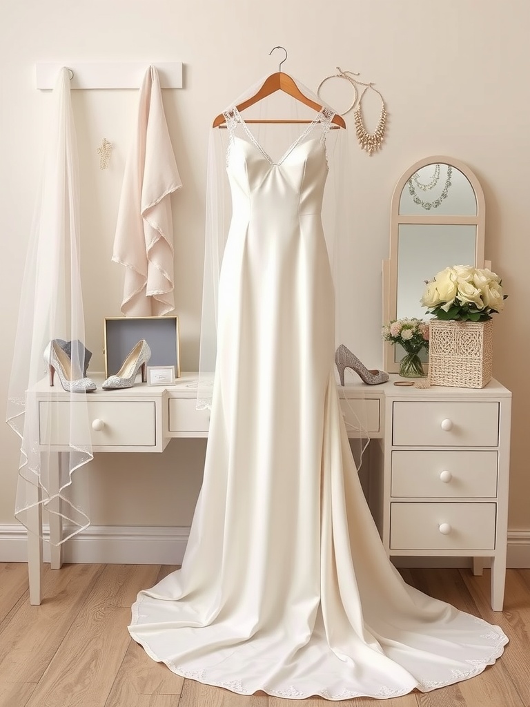 A beautiful column wedding dress displayed on a table with a veil, shoes, and jewelry.