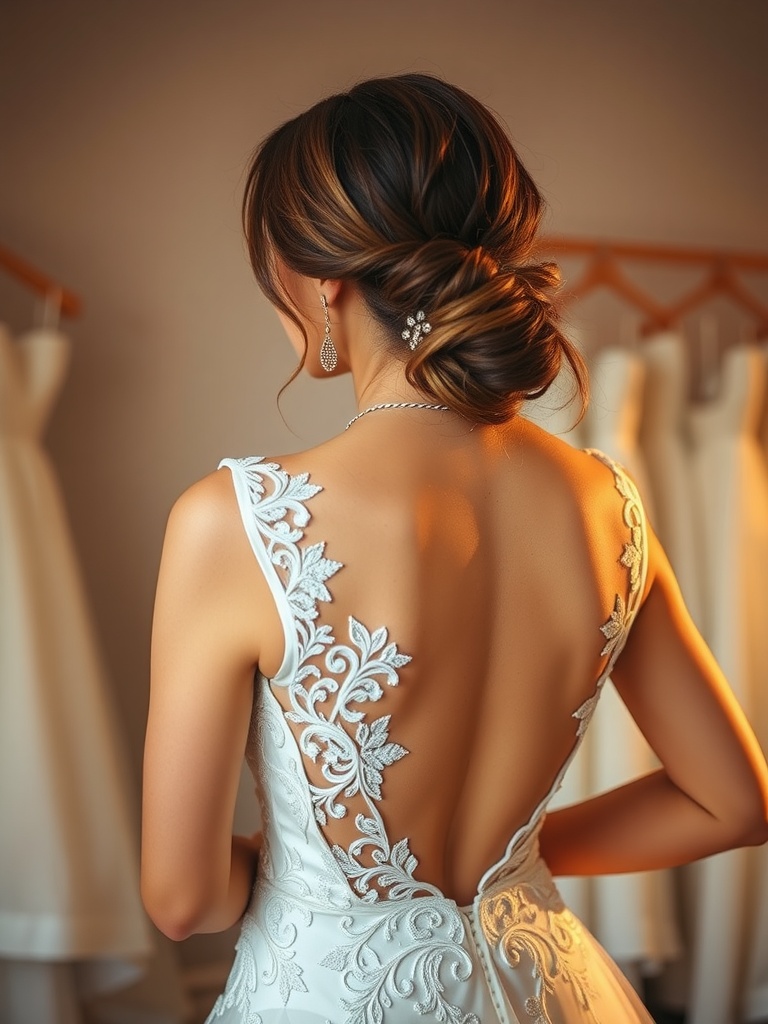 A woman wearing a backless wedding dress with elegant detailing, showcasing her hairstyle and accessories.