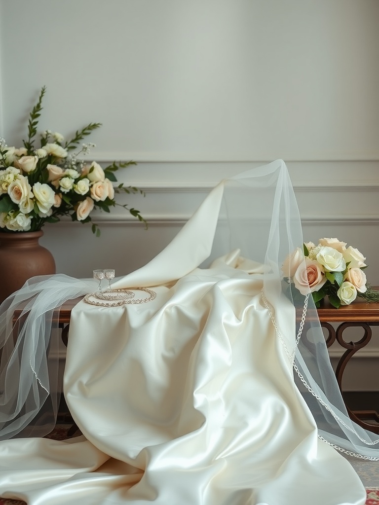 A display of a silk wedding dress with floral arrangements and elegant accessories.