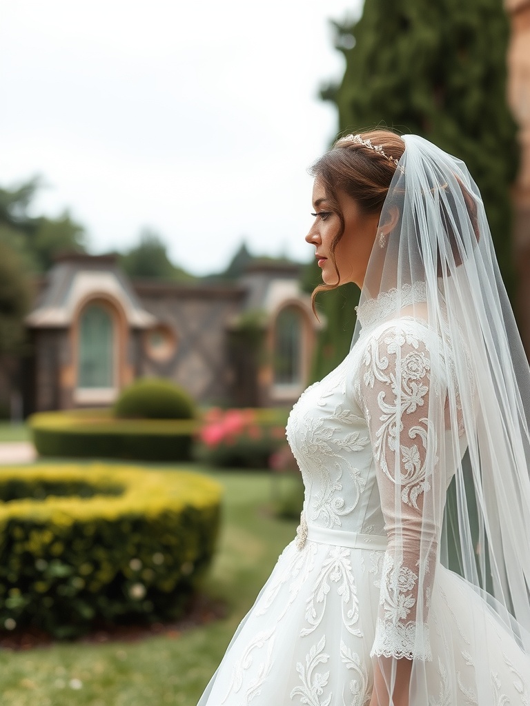 Bride in a vintage lace wedding dress with a veil, showcasing classic bridal elegance.