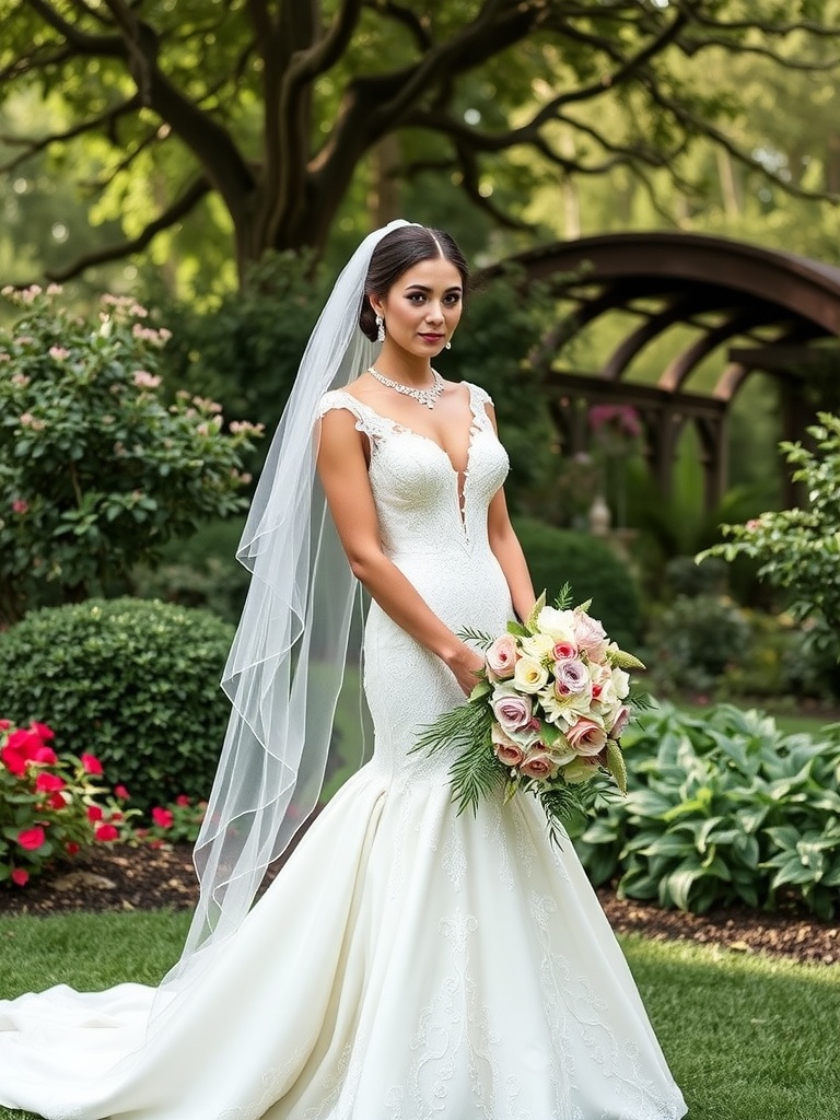 A bride in a fit and flare wedding dress with a bouquet and veil.