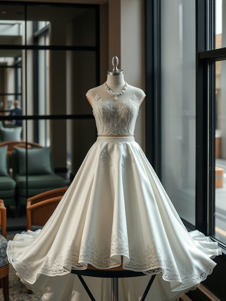 A stylish two-piece wedding dress featuring a crop top and a flowing skirt displayed on a mannequin.
