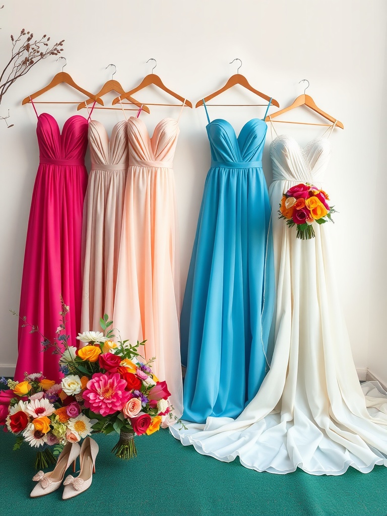 A display of colorful wedding dresses in different shades, including pink, peach, and blue, alongside a vibrant bouquet and shoes.