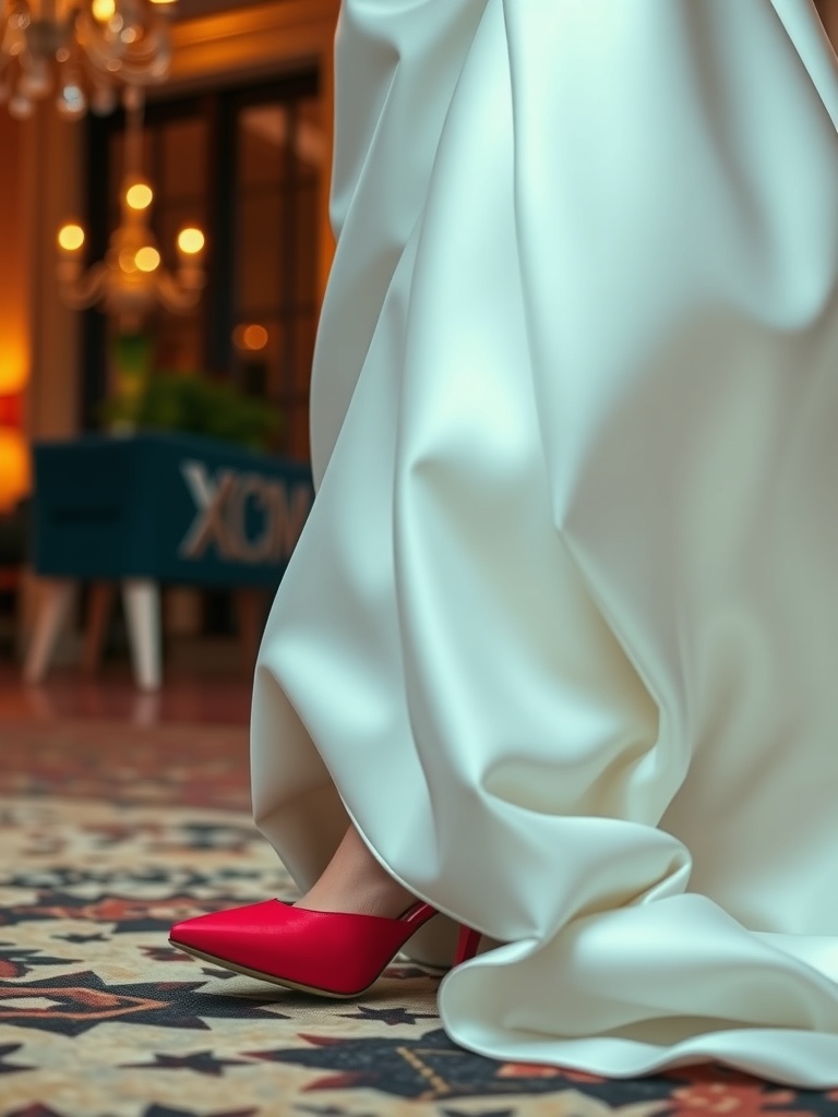 A close-up of a bride's feet wearing vibrant red heels paired with a flowing white gown.