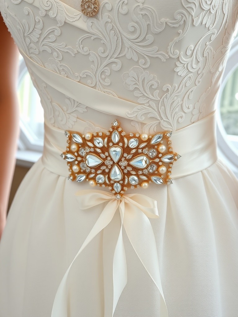 An embellished bridal belt with intricate detailing on a wedding gown.