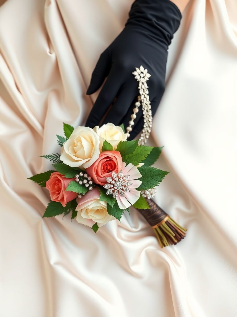 A bride wearing lace bridal gloves with intricate details, showcasing elegant jewelry and a bouquet.