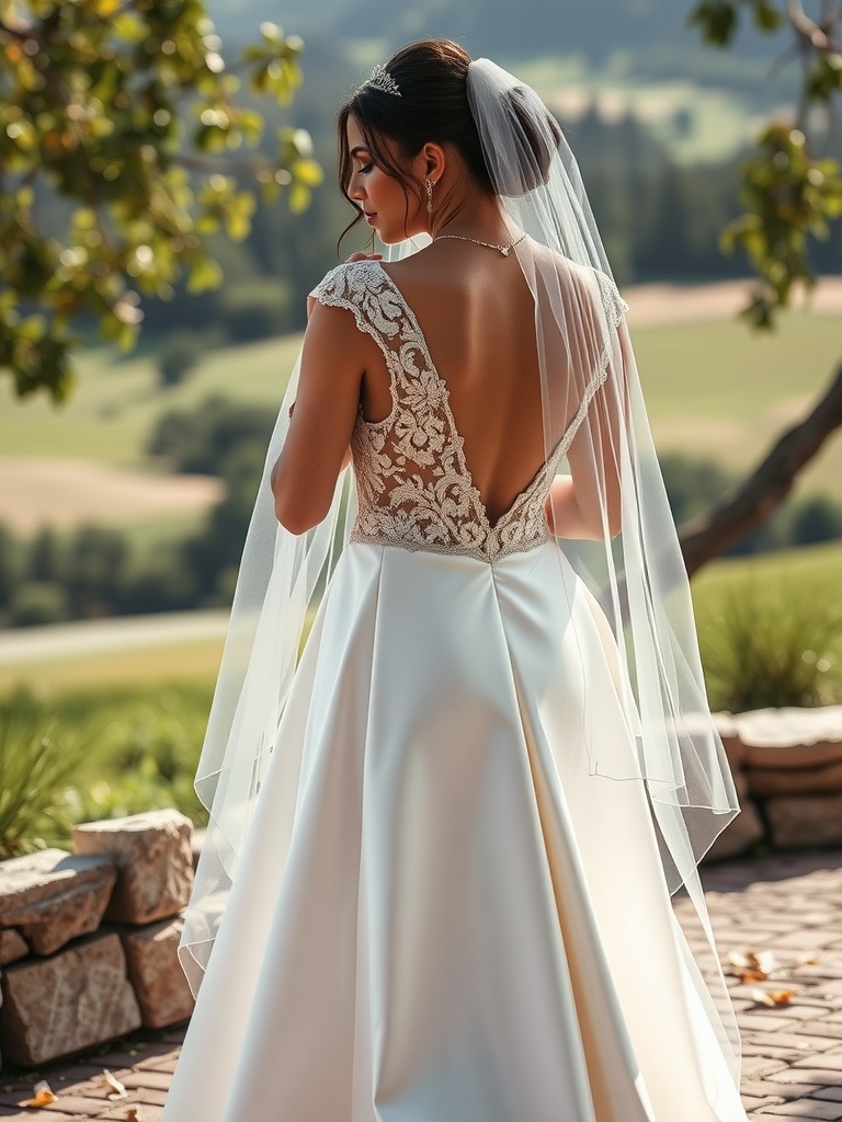 A bride in an A-line wedding dress with a detailed back and a flowing skirt, accessorized with a veil.