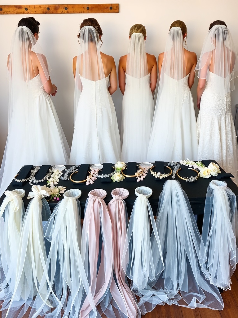 A group of bridesmaids showing off different veil lengths and bridal accessories.
