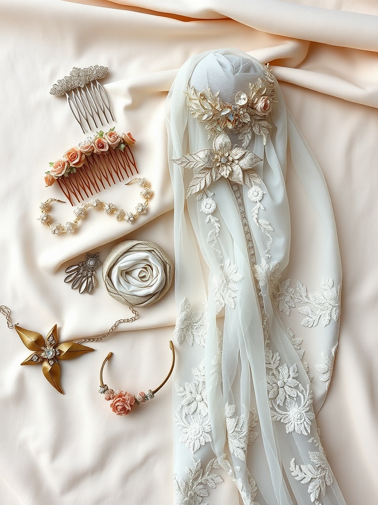 An embellished wedding veil with various hair accessories, including floral combs and gold jewelry, displayed on soft fabric.
