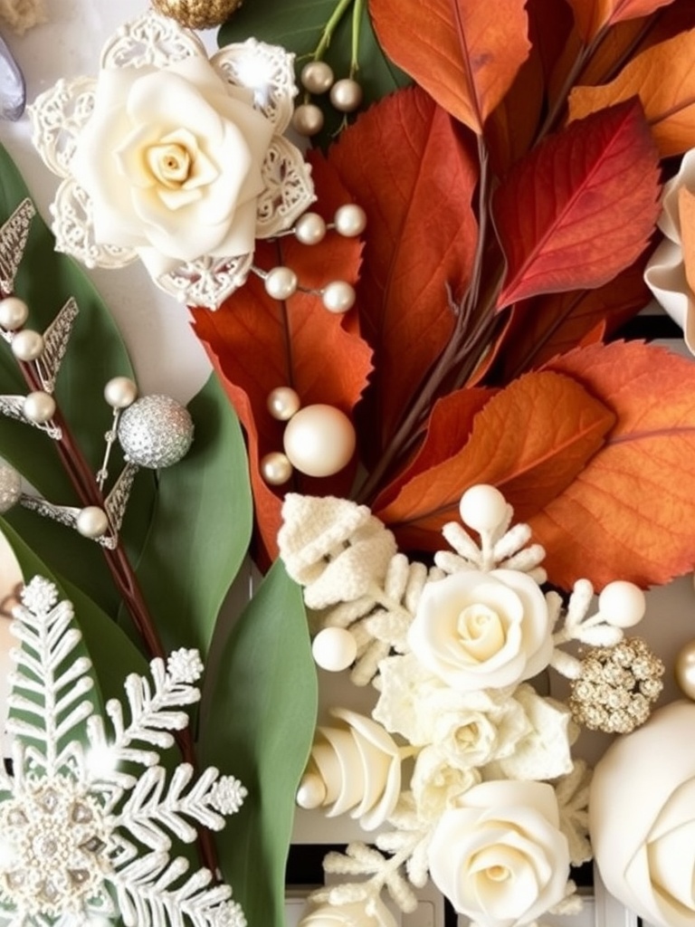 Bridal accessories displayed with seasonal decorations, featuring floral crowns, vintage jewelry, and modern details.