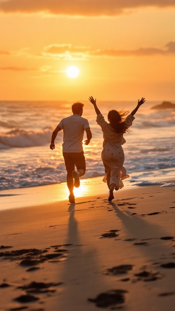 Couple running on the beach during sunset, joyfully embracing the moment.