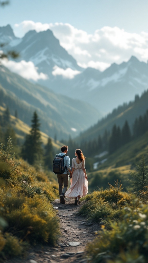 A couple walking hand-in-hand on a scenic mountain path with lush greenery and towering mountains in the background.