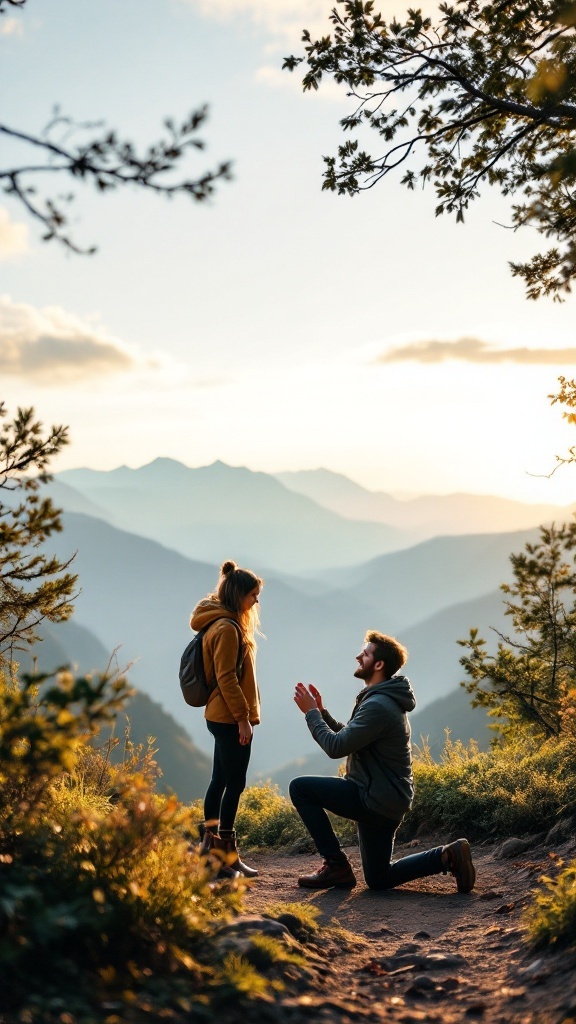 A couple on a hiking trail with one partner proposing at sunset