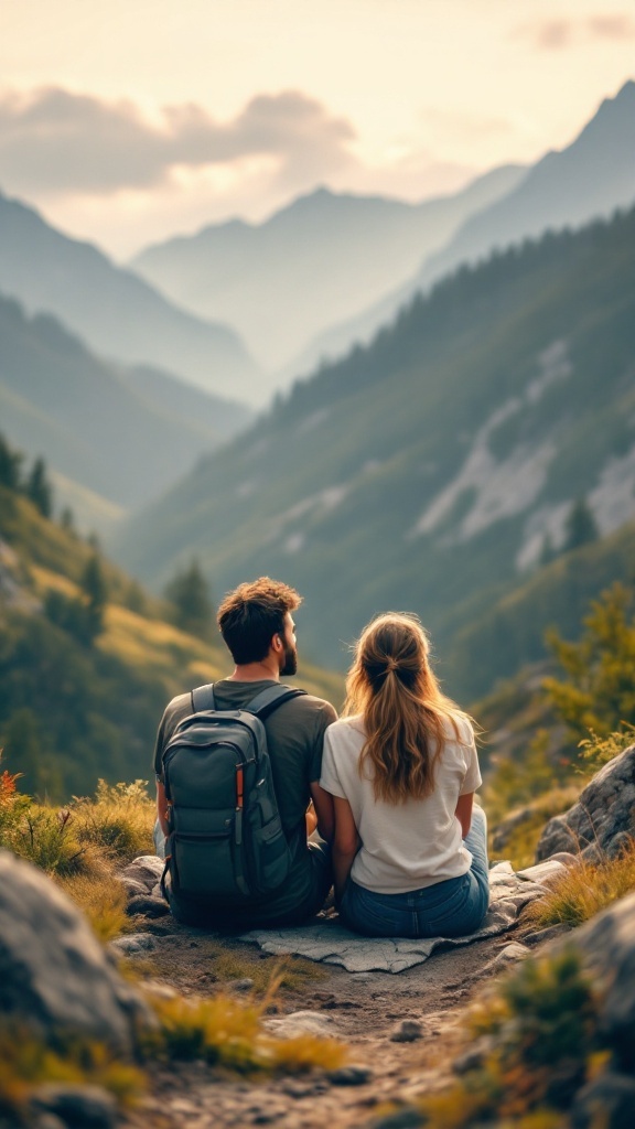 A couple sitting on a rocky path, overlooking a mountain view during a casual pre-wedding photoshoot.