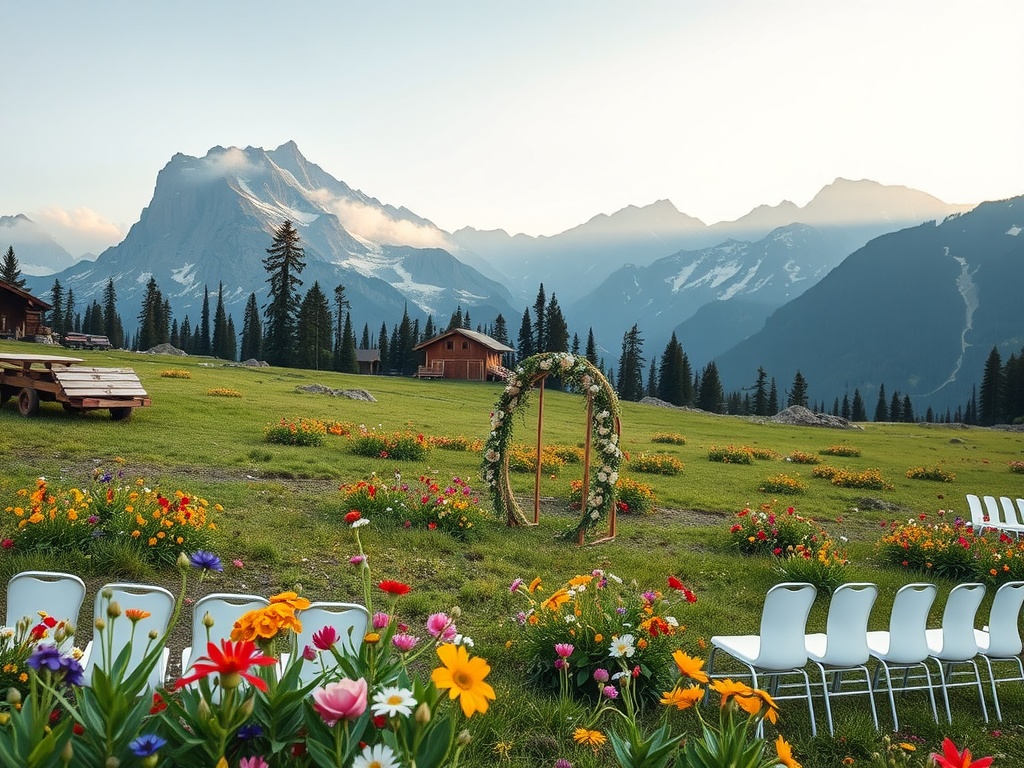 An alpine meadow wedding setup with flowers and mountain backdrop