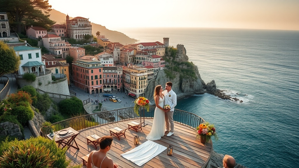 Couple exchanging vows on a cliff overlooking the Amalfi Coast at sunset.