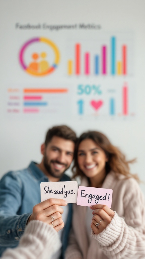 A happy couple holding engagement signs in front of a colorful metrics graphic.