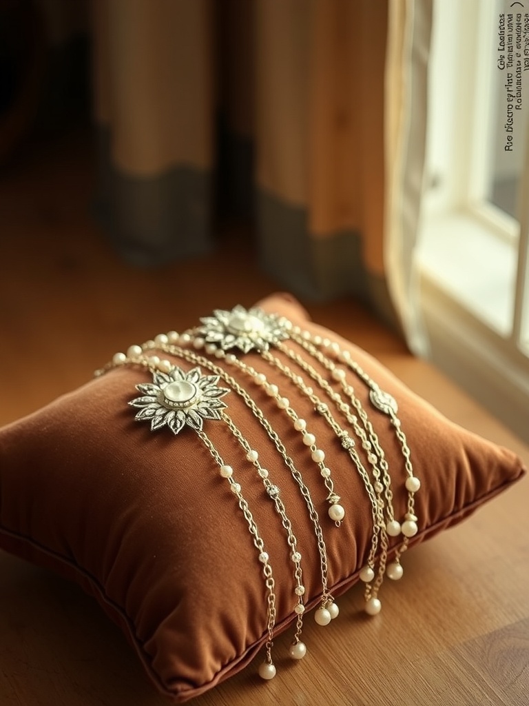 A beautiful antique jewelry hair chain with pearls on a decorative pillow