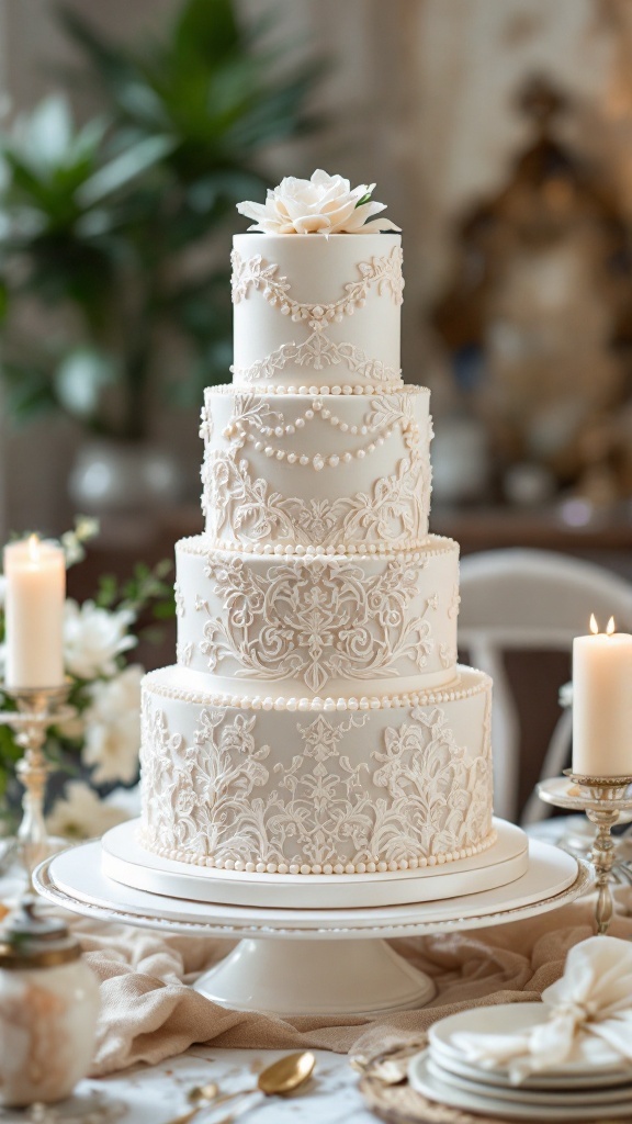 Multi-tiered vintage wedding cake with antique lace detailing