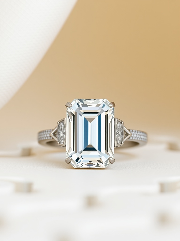 Emerald cut engagement ring featuring a large diamond with step cut side stones, designed in Art Deco style.