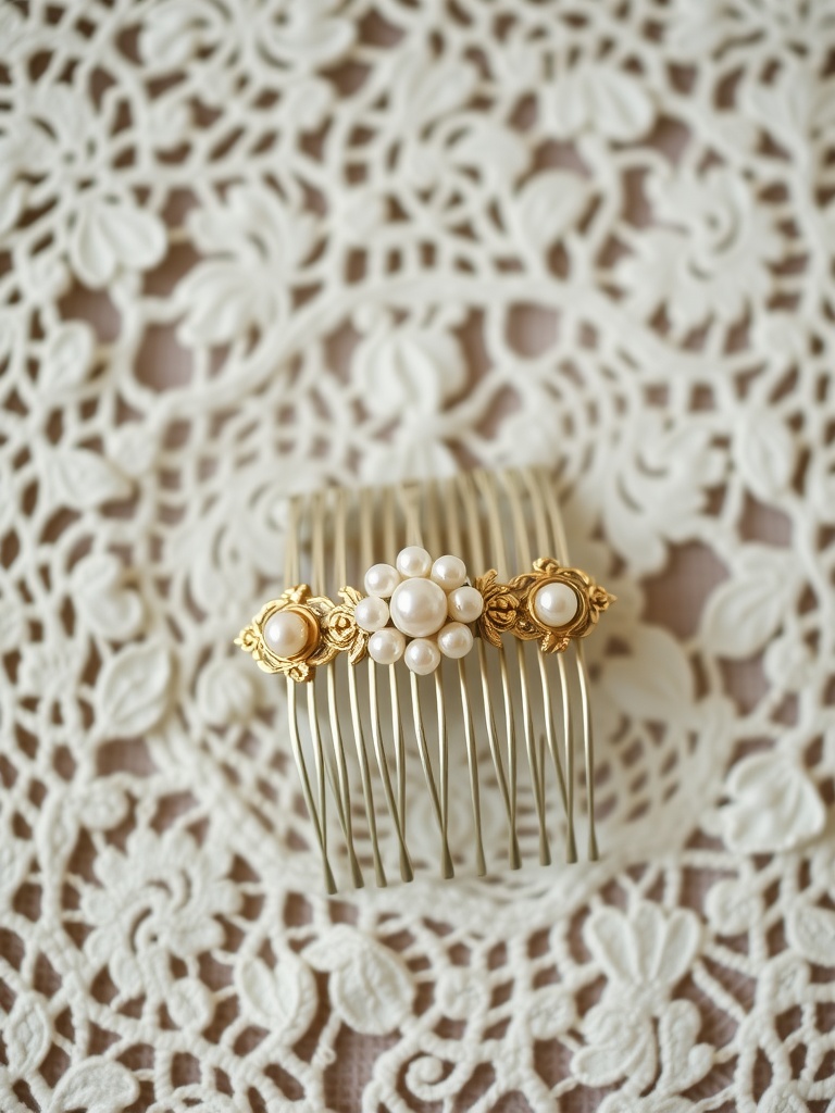 Vintage art deco hair comb with pearls on a lace background