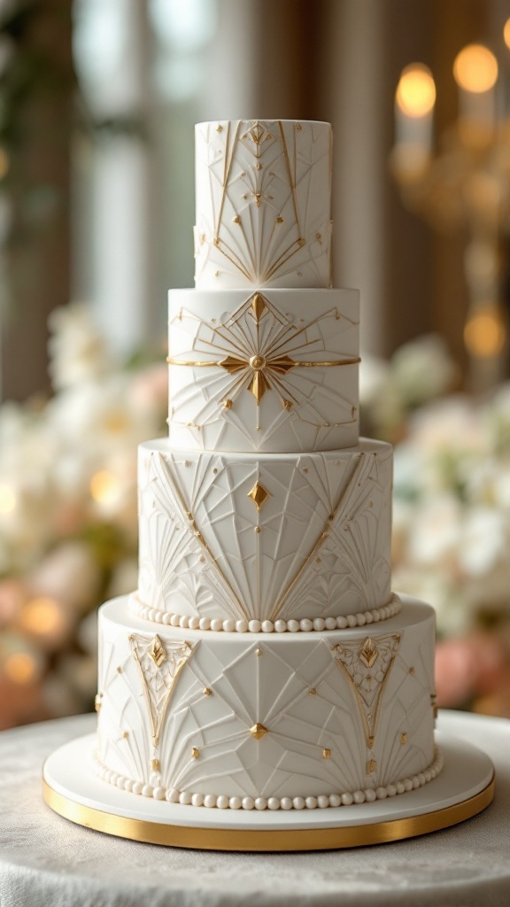 An elegant vintage wedding cake with Art Deco inspired fondant layers and golden accents.