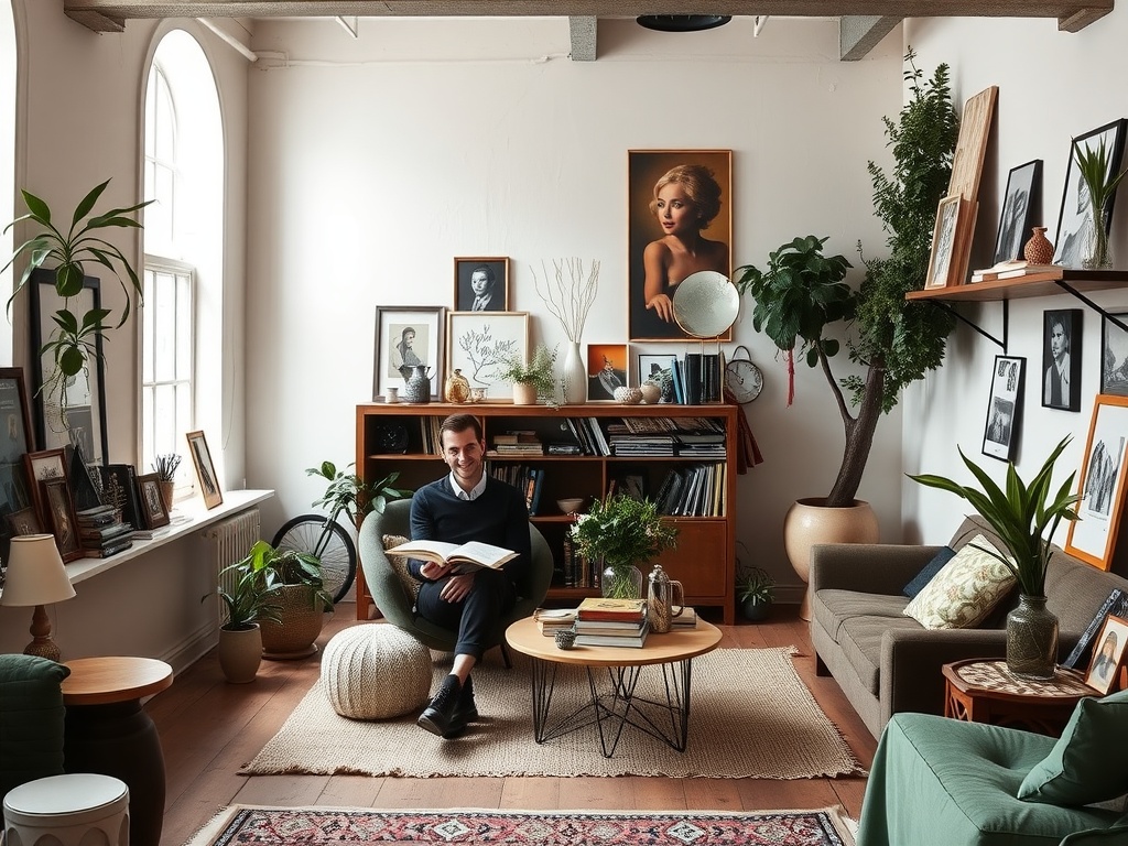 A cozy artistic loft in Amsterdam with plants, art, and inviting seating.